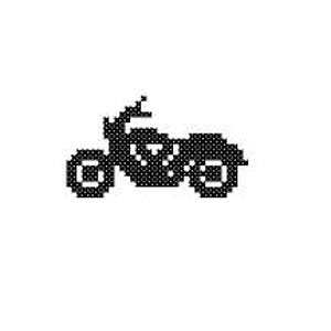 May include: Black and white pixel art illustration of a motorcycle.