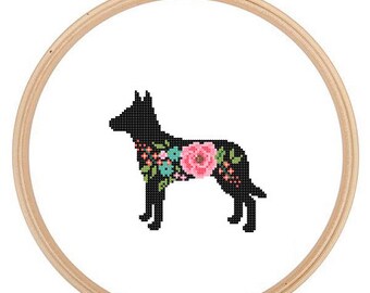 Australian Kelpie Silhouette Cross Stitch Pattern Floral roses Pet animal wall art Australian Kelpie dog cross stitch modern gift