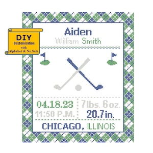 Golf Birth sampler Cross Stitch Birth Announcement Cross Stitch Birth Record Baby Boy Golf clubs  Sports Nursery Navy green plaid pattern