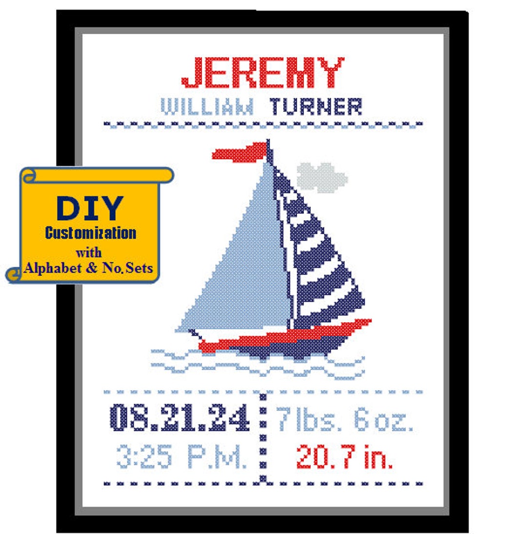 Yacht Cross Stitch Birth Announcement Cross Stitch Birth Record Cross