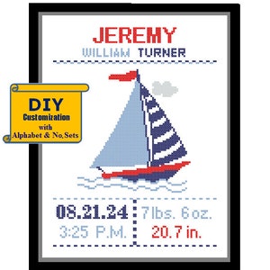 Yacht Cross Stitch Birth Announcement Cross Stitch Birth Record Cross Stitch Baby Boy Sailboat Nursery Nautical cross stitch nursery sampler