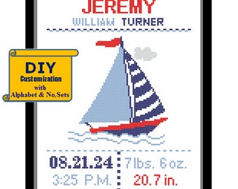 Yacht Cross Stitch Birth Announcement Cross Stitch Birth Record Cross Stitch Baby Boy Sailboat Nursery Nautical cross stitch nursery sampler