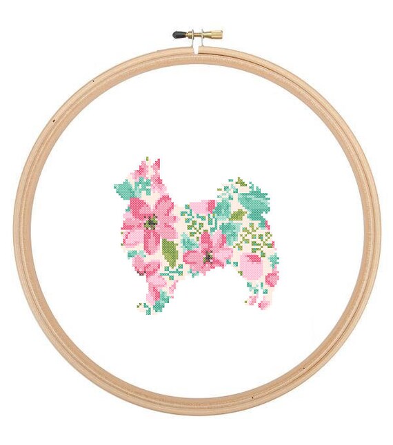 Long Haired Chihuahua Silhouette Cross Stitch Pattern Floral Water color effect Pet animal wall art Chihuahua Dog cross stitch modern gift