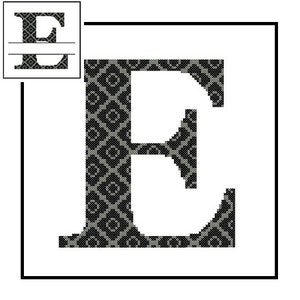 May include: Black and white patterned letter E with a white background. The pattern is a repeating diamond shape.