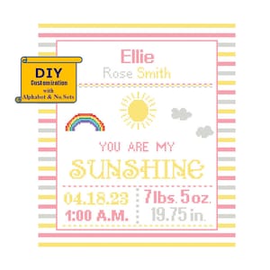 You are my sunshine Cross Stitch Birth Announcement Cross Stitch Birth Record Baby Nursery baby sampler Pink Gray birth sampler image 1