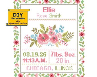 Florals Cross Stitch Birth Announcement cross Stitch Birth Record Floral Baby Girl Floral Nursery pink birth sampler Floral border