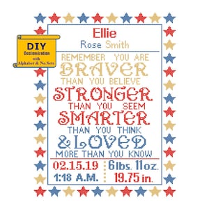You are Braver Cross Stitch Birth Announcement Cross Stitch Birth Record Baby Nursery baby sampler Red Blue Yellow birth sampler image 1