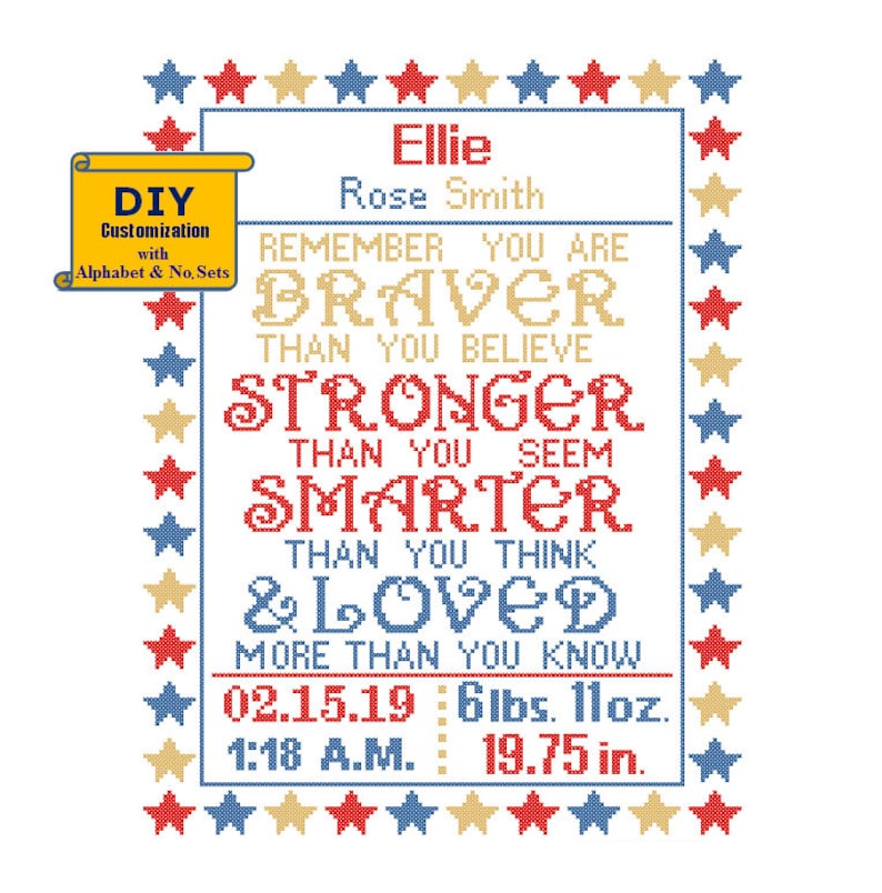 You are Braver Cross Stitch Birth Announcement Cross Stitch Birth Record Baby Nursery baby sampler Red Blue Yellow birth sampler image 1