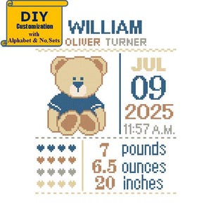 Geboorteaankondiging teddybeer geboortekaartje teddy Kruissteek geboorte sampler kruissteek baby boy sampler bruin DIY patroon kruissteek speelgoed