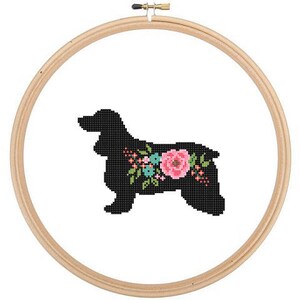 Cocker Spaniel Silhouette Cross Stitch Pattern Floral roses Pet animal wall art Dog cross stitch modern trendy great gift