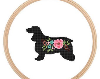 Cocker Spaniel Silhouette Cross Stitch Pattern Floral roses Pet animal wall art Dog cross stitch modern trendy great gift