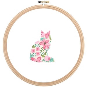Zittend Main Coon silhouet kruissteekpatroon Bloemen Water kleureffect Huisdier kunst kunst Main Coon kat kruissteek moderne boerderij