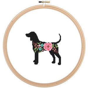 Coon Hound Silhouette Cross Stitch Pattern floral roses Pet animal wall art Coon Hound Dog cross stitch Coon Hound Blue Tick modern gift image 1