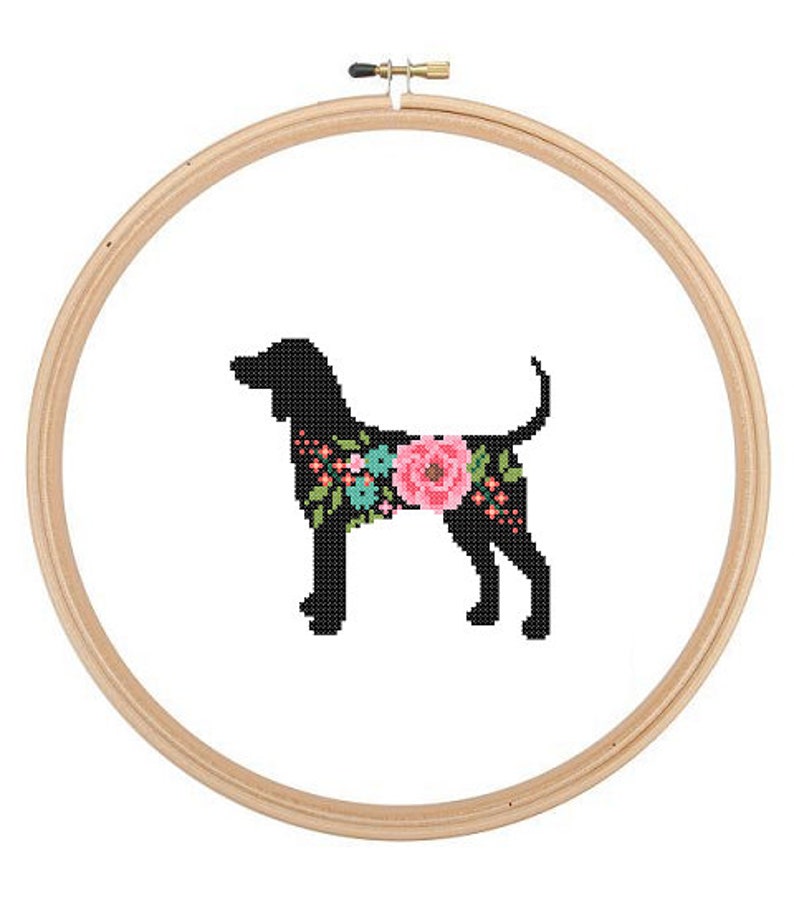 Coon Hound Silhouette Cross Stitch Pattern floral roses Pet animal wall art Coon Hound Dog cross stitch Coon Hound Blue Tick modern gift image 1