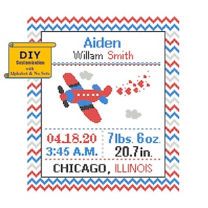 Aeroplane Cross Stitch Birth Announcement Cross Stitch Birth Record Cross Stitch Baby Boy Airplane Nursery transport aircraft cross stitch image 1