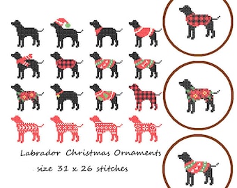 Può includere: Un set di 15 schemi di punto croce con Labrador Retriever che indossano maglioni e cappelli natalizi festivi. Gli schemi sono progettati per l'uso con 31 x 26 punti. Il testo "Labrador Christmas Ornaments" e "size 31 x 26 stitches" è incluso nell'immagine.