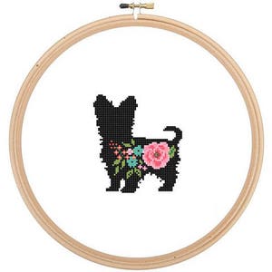 Yorkshire Terrier Silhouette Cross Stitch Pattern Floral Yorkie Pet animal wall art Dog cross stitch modern trendy great gift