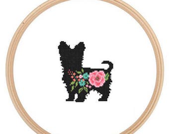 Yorkshire Terrier Silhouette Cross Stitch Pattern Floral Yorkie Pet animal wall art Dog cross stitch modern trendy great gift