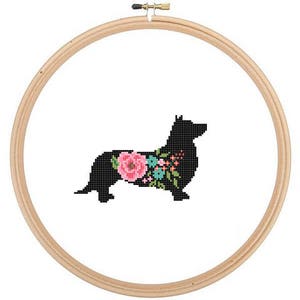 Corgi silhouet kruissteekpatroon bloemenrozen huisdier kunst aan de muur hond kruissteek modern trendy geweldig cadeau