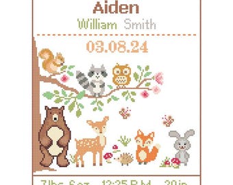 1 Cross Stitch custom Pattern Baby Personalised Birth Announcement Birth Record Forest Animals Green Brown Nature Woodland Nursery Gift
