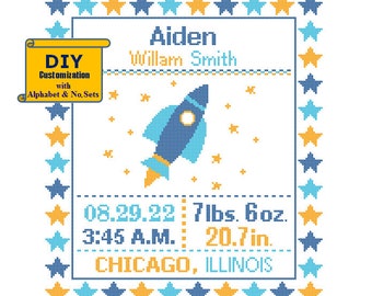 Rocket Pattern Cross Stitch Birth Announcement Cross Stitch Space Ship Birth Record stars Baby Boy Nursery space birth sampler baby explorer
