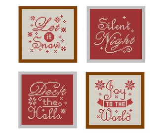 Modern Christmas Cross Stitch Pattern set of 4 Christmas Ornament Text Typography red DIY Home Decor tree decoration cards great gift