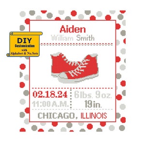 Red Converse Cross Stitch Birth Announcement Cross Stitch Birth Record Polka Dot Baby Boy Nursery Navy teen birth sampler sport athlete