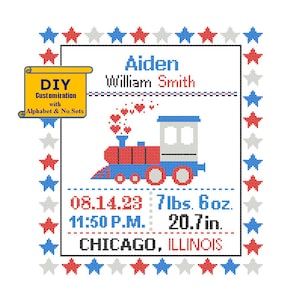 Train Engine Pattern Cross Stitch Birth Announcement Cross Stitch Railway Birth Record Transport Baby Boy Nursery birth sampler explorer Red