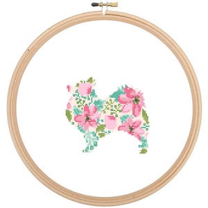 Pomeranian Silhouette Cross Stitch Pattern Floral Water color effect Pet animal wall art Dog cross stitch modern trendy great gift image 1