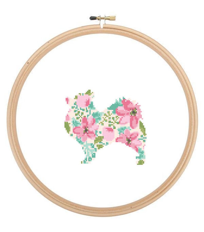 Pomeranian Silhouette Cross Stitch Pattern Floral Water color effect Pet animal wall art Dog cross stitch modern trendy great gift image 1