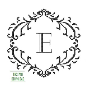 May include: Black and white monogram with the letter E in a decorative floral frame.
