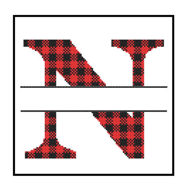 Buffalo Plaid Monogram N Cross Stitch Pattern N Initial N Letter cross stitch Wedding Gift split letter cross Wedding Record Anniversary image 3