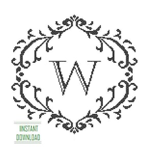 Könnte beinhalten: Schwarzweißes Monogramm mit dem Buchstaben W in einem dekorativen floralen Rahmen.