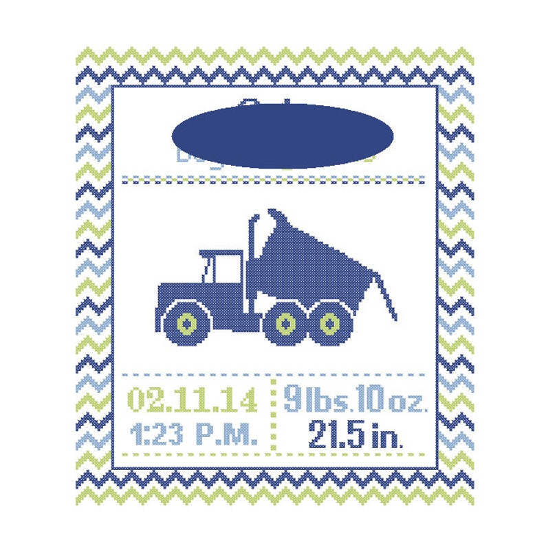 1 Custom Pattern Cross Stitch Birth Announcement Dump Truck Cross Stitch Birth Record Cross Stitch Baby Boy Dump Truck Nursery Transport image 6