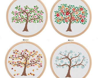 Instant Download Set of 4 Season Tree Cross Stitch Spring Summer Autumn Winter Tree Cross Stitch Pattern season cross stitch Flower