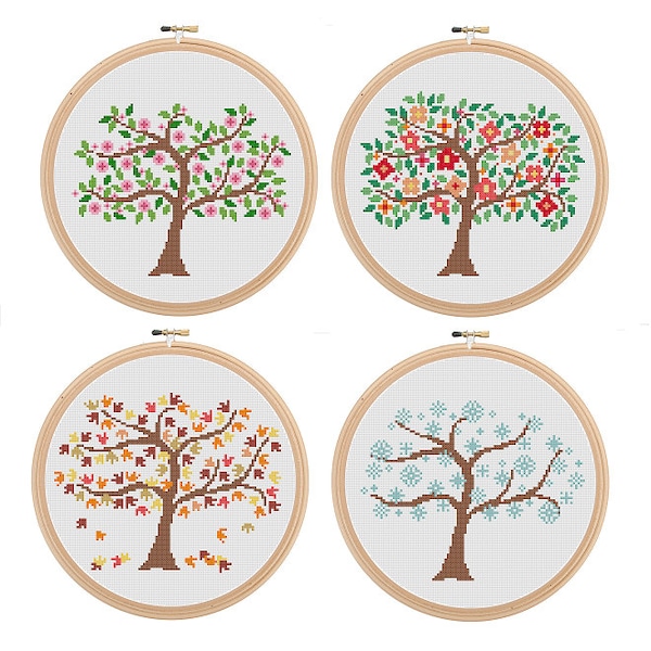 Instant Download Set of 4 Season Tree Cross Stitch Spring Summer Autumn Winter Tree Cross Stitch Pattern season cross stitch Flower