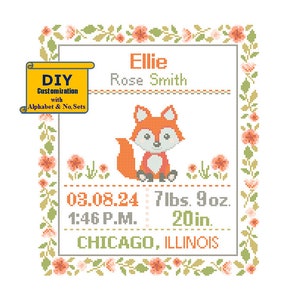 Faire-part de naissance renard point de croix Carte de naissance florale pour bébé renard Échantillon de naissance Forêt des bois