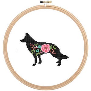 German Shepherd Silhouette Cross Stitch Pattern Floral roses Pet animal wall art German Shepherd cross stitch modern gift image 1