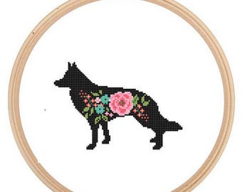 German Shepherd Silhouette Cross Stitch Pattern Floral roses Pet animal wall art German Shepherd cross stitch modern gift