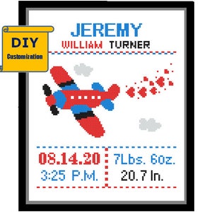 Airplane Pattern Cross Stitch Birth Announcement Cross Stitch Birth Record Cross Stitch Baby Boy Airplane Nursery aircraft DIY customizable