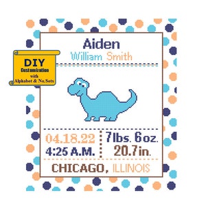 Dinosaur Cross Stitch Birth Announcement Cross Stitch Birth Sampler Blue Polka Dot Baby Baby Dinosaur Nursery DIY customizable Pattern