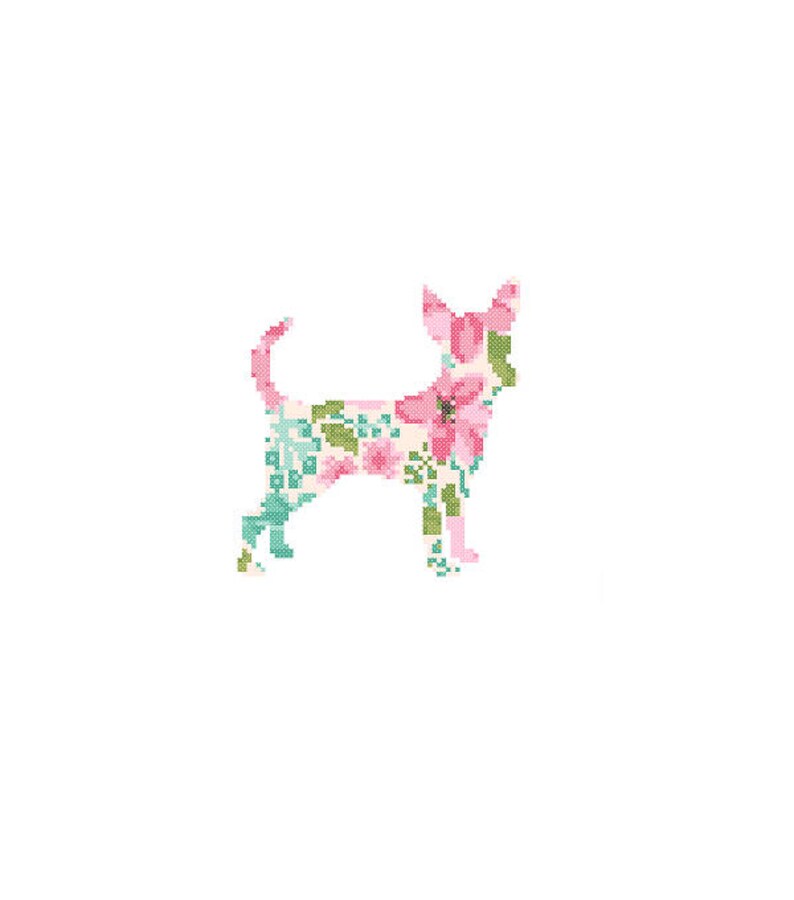 Chihuahua Silhouette point de croix motif Floral eau couleur effet animal animal mur art chien point de croix moderne à la mode grand cadeau image 2