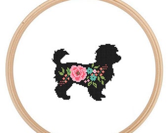 Silhouette de chien Maltipoo motif point de croix roses florales art mural animal chien point de croix cadeau tendance moderne