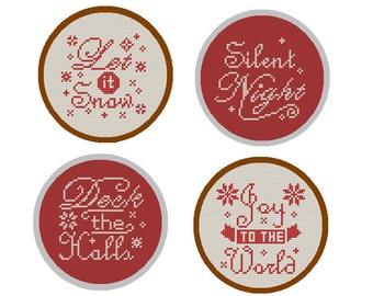 Christmas Ornament Cross Stitch Pattern set of 4 Christmas Ornament Text Typography red DIY Home Decor tree decoration cards great gift