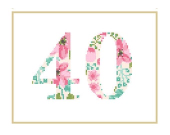 Floral 40 Cross Stitch Pattern 40th birthday cross stitch 40th Anniversary cross stitch Birthday Wedding Anniversary