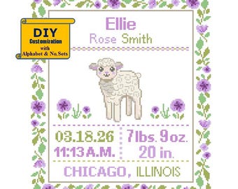 Purple Lamb Cross Stitch Birth Announcement cross Stitch Birth Record Floral Baby Girl Farm Nursery birth sampler
