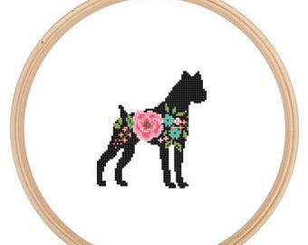 Boxer Dog Silhouette Cross Stitch Pattern Floral roses Pet animal wall art Dog cross stitch modern trendy great gift