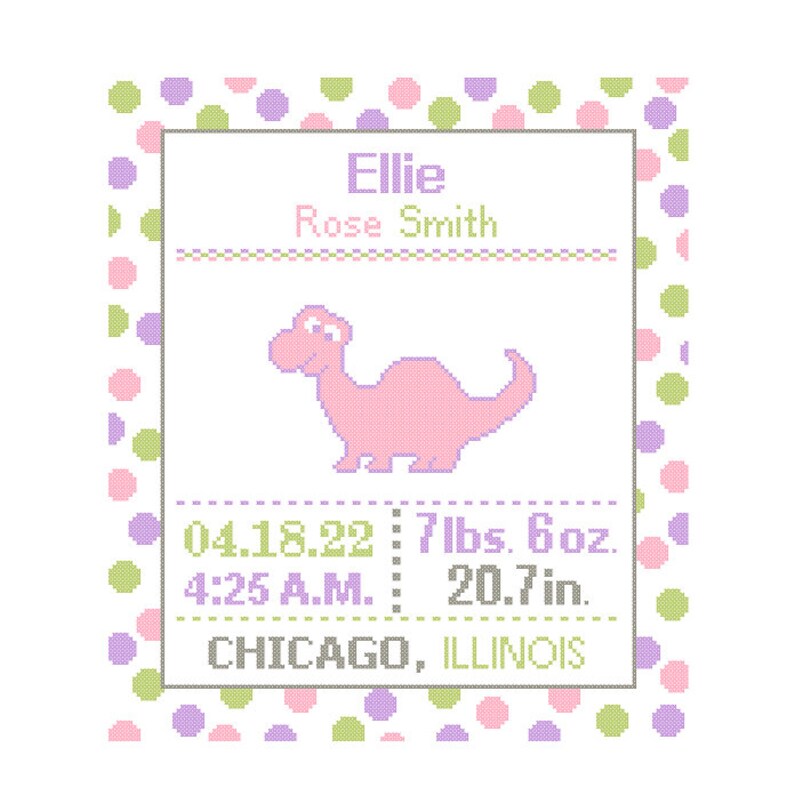 1 Cross Stitch custom Pattern Baby Boy/Girl Personalised Birth Announcement Birth Record Dinosaur Blue, Orange Gray Jungle Nursery polka dot image 5