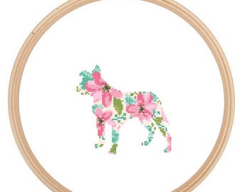 Floppy eared Pitbull Silhouette Cross Stitch Pattern Floral Water color effect Pet animal wall art Dog cross stitch modern trendy great gift