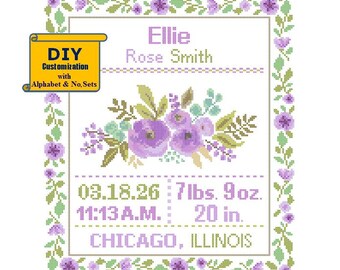 Purple Florals Cross Stitch Birth Announcement cross Stitch Birth Record Floral Baby Girl Floral Nursery pink birth sampler Floral border